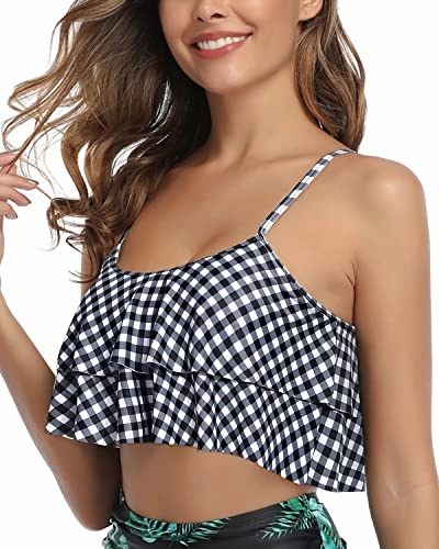 Tiered Flowy Ruffles Women Flounce Swimsuit Top-Black And White Checkered