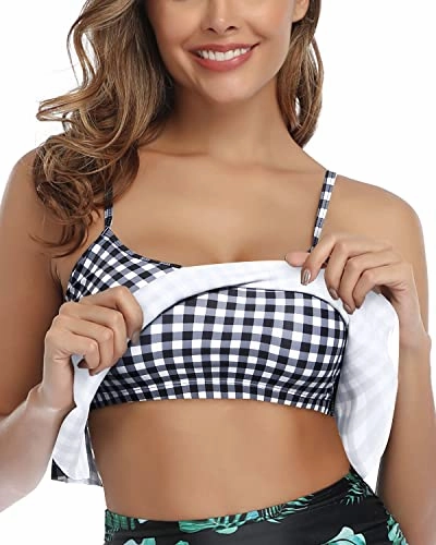 Tiered Flowy Ruffles Women Flounce Swimsuit Top-Black And White Checkered