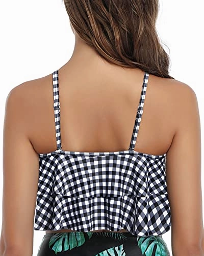 Tiered Flowy Ruffles Women Flounce Swimsuit Top-Black And White Checkered