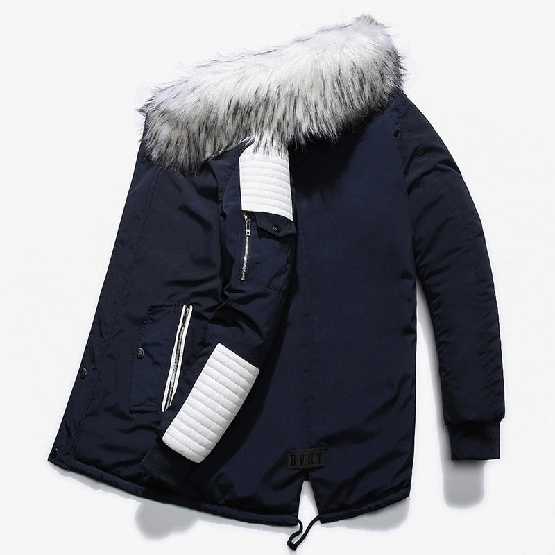 West Louis™ Fur Collar Hooded Black Color Long Parka