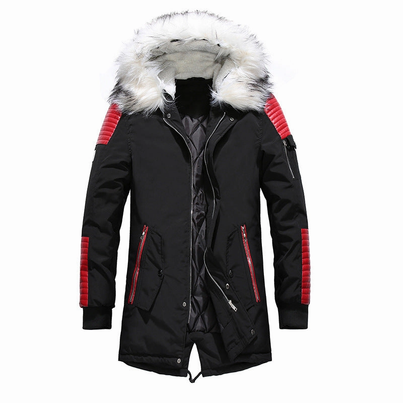 West Louis™ Fur Collar Hooded Black Color Long Parka
