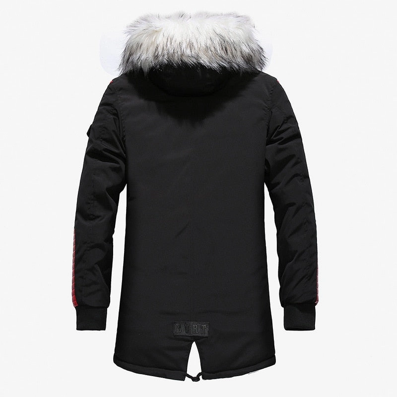 West Louis™ Fur Collar Hooded Black Color Long Parka