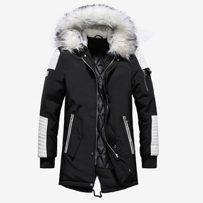 West Louis™ Fur Collar Hooded Black Color Long Parka