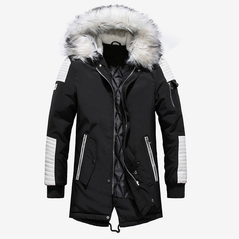 West Louis™ Fur Collar Hooded Black Color Long Parka