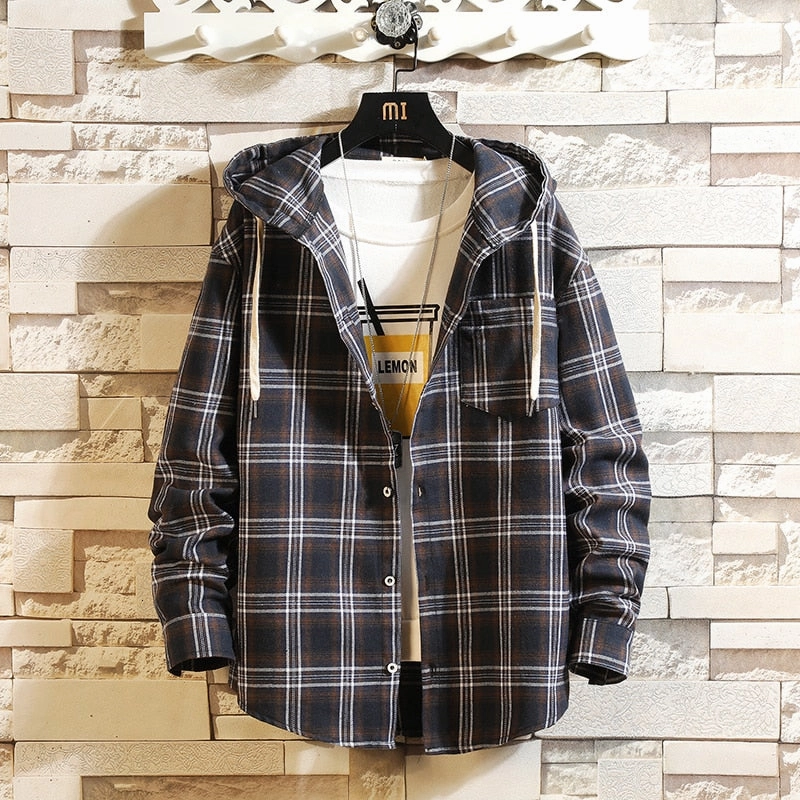 West Louis™ Streetwear Plaid Loose With Hooded Shirt