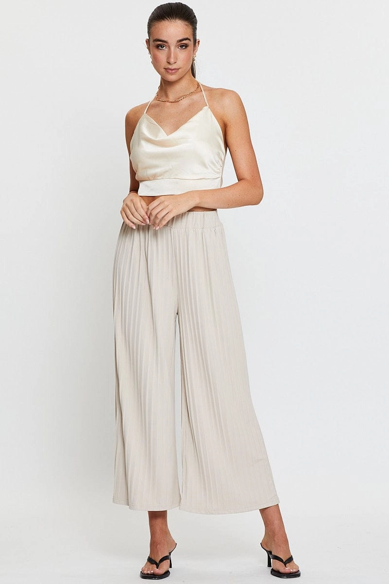White Crop Top Sleeveless Cowl Neck Satin