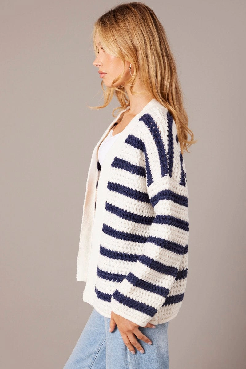 White Stripe Oversized Knit Cardigan Long Sleeve Longline