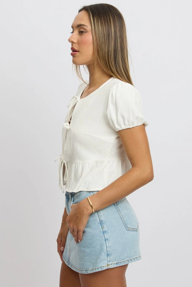 White Tie Front Top Puff Sleeve