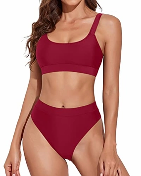 Women Tummy Control Bathing Suits High Rise Athletic Bikini-Red