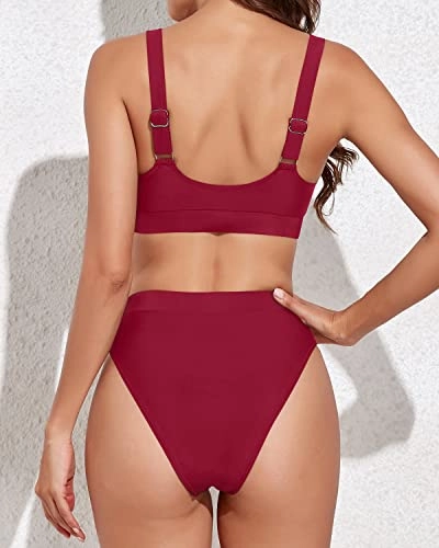 Women Tummy Control Bathing Suits High Rise Athletic Bikini-Red